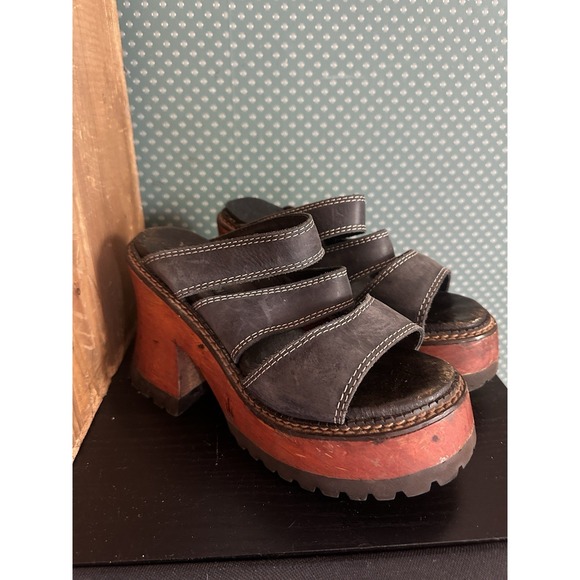 London Underground Platform Heels Vintage Y2K Black Leather Chunky Sz. 39